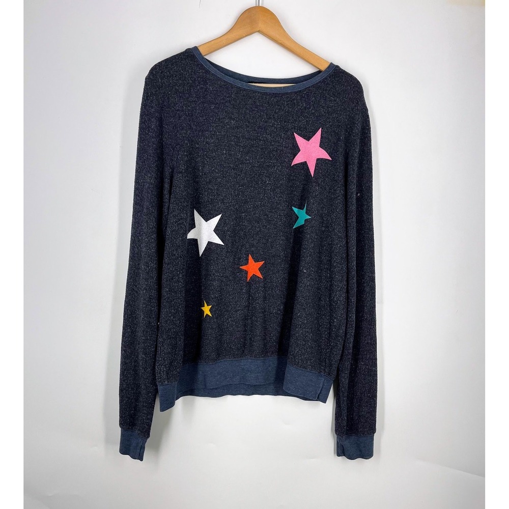 Wildfox‎ Women Charcoal Gray Star Graphic Soft Knit Long Sleeve Pullover Top